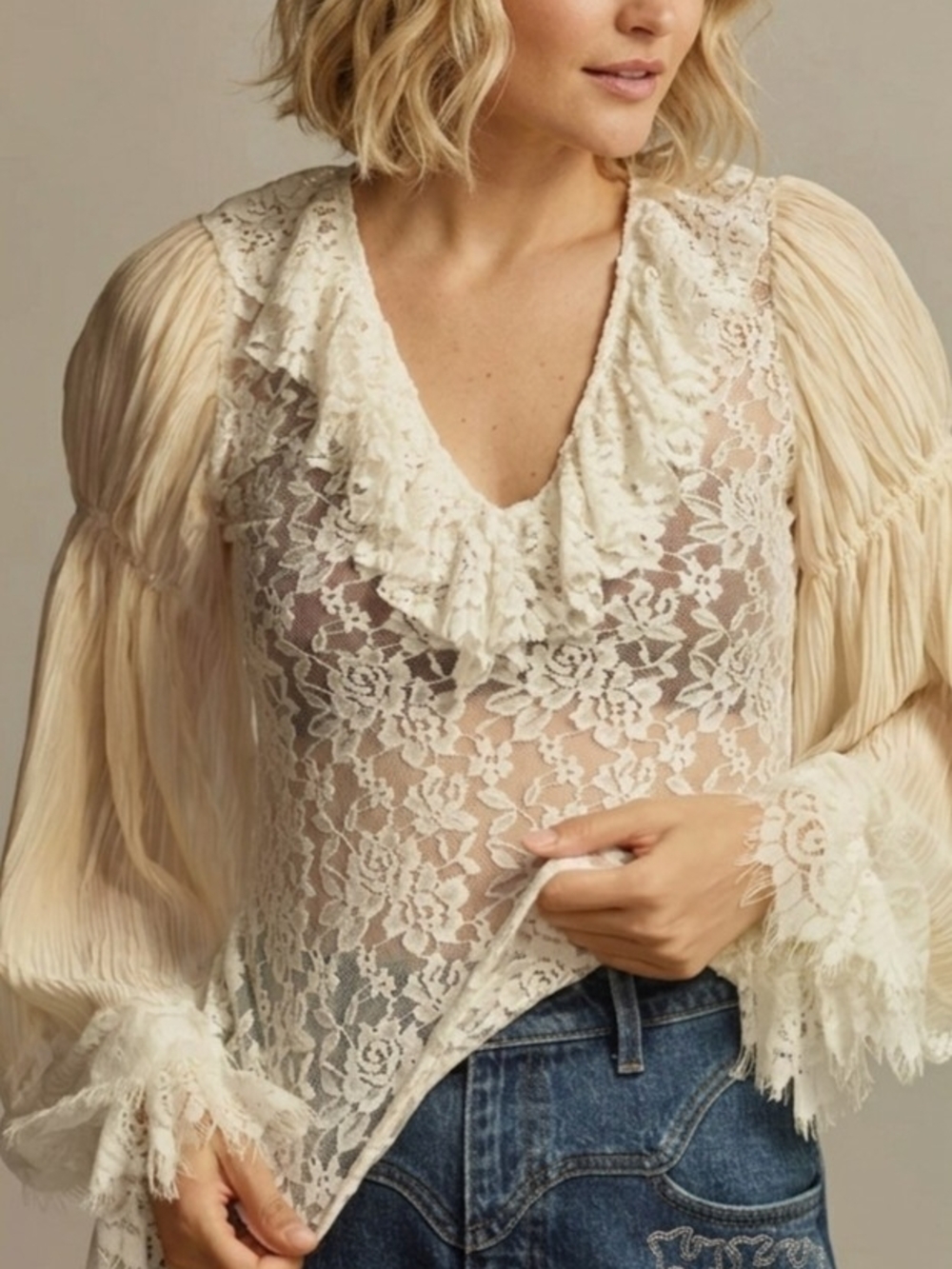 NWOT By Anthropologie Lace & Pleated Chiffon Poet Blouse Small